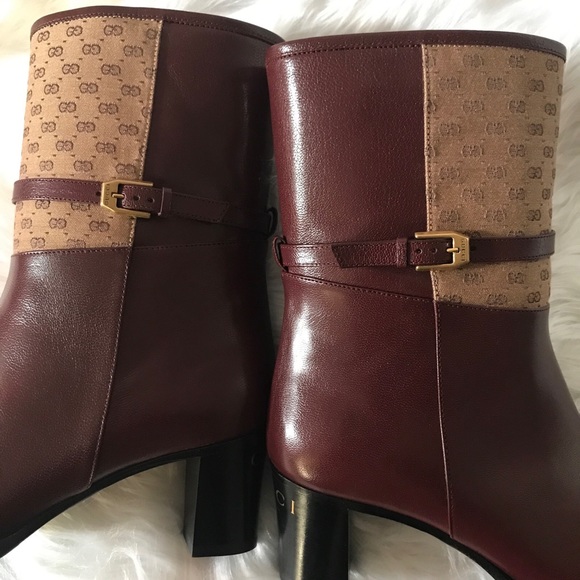 GUCCI Finn Mixed Media Ankle Boot Vintage  Bordeaux Brown Leather Size 38/8 NEW - Picture 4 of 11